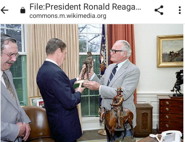 2/23/81, Goldwater gifting Reagan with Ray Renfroe 2 bronze pieces